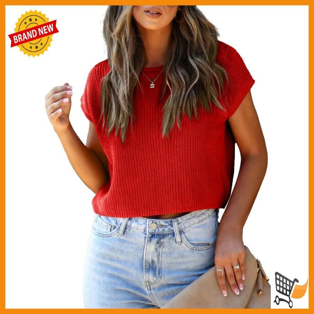 Summer Cropped Sweater Vest Cap Sleeve Crew Neck Knit Tank Top